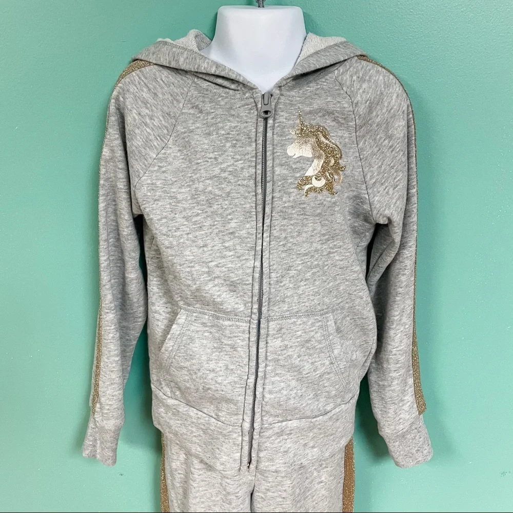 Childrens Place Gray & Gold Unicorn Sparkle Sweatshirt & Jogger Set Girls S 5/6